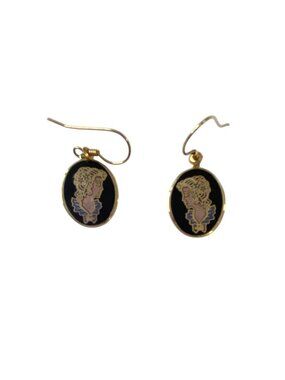 "Norwegian Cameo" Rococo Enamel Oval Drop Earrings With Gold-Tone Finish
